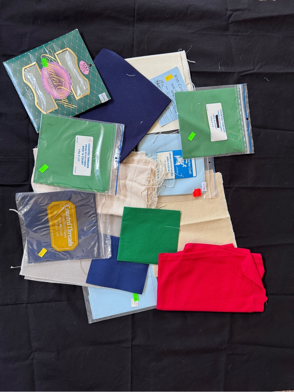 Mixed lot of cross stitch fabric. Various colors and sizes. Aida 14 and some 11.